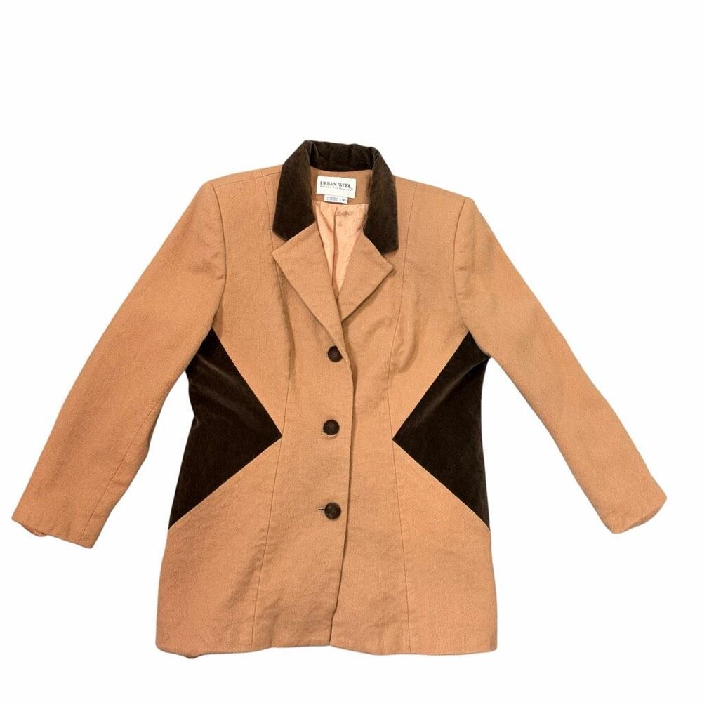 Vintage Urban Wool Blazer Womens 14 Tan Brown Merino l Velvet Trim Button Front - Picture 3 of 13